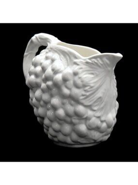 Vintage Pier 1 White Ceramic Pitcher Grapes Leaves Embossed Majolica Italy 8"